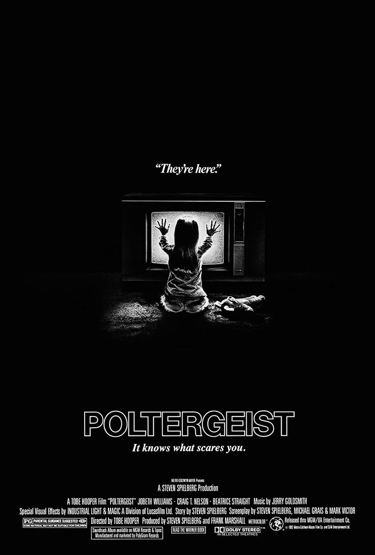 the poster for poltergeist, which features a woman sitting in front of a tv