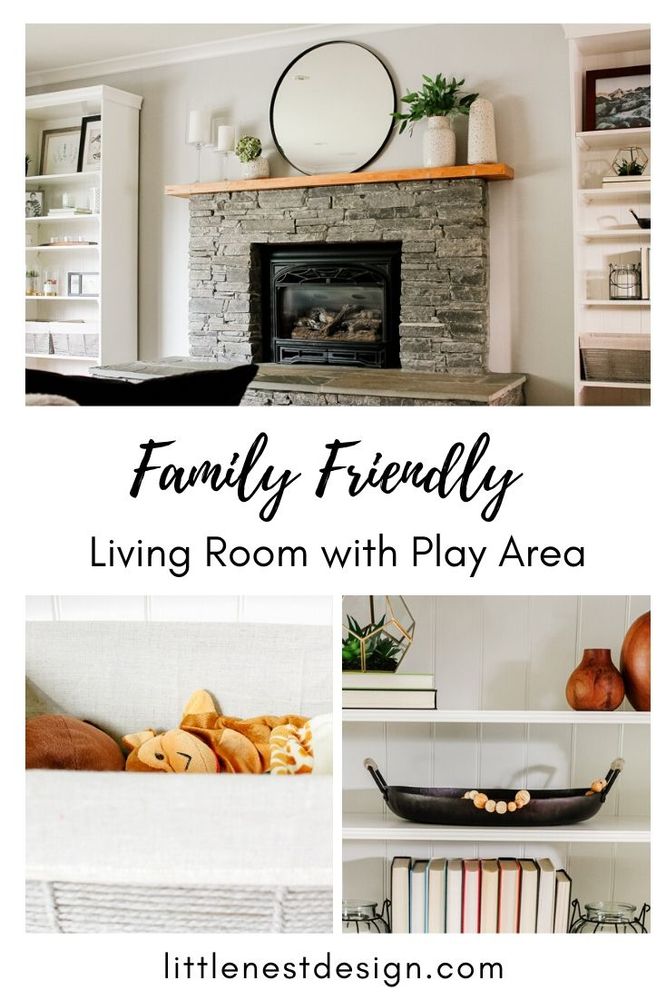 a living room with fireplace and shelves filled with items that are on top of each other