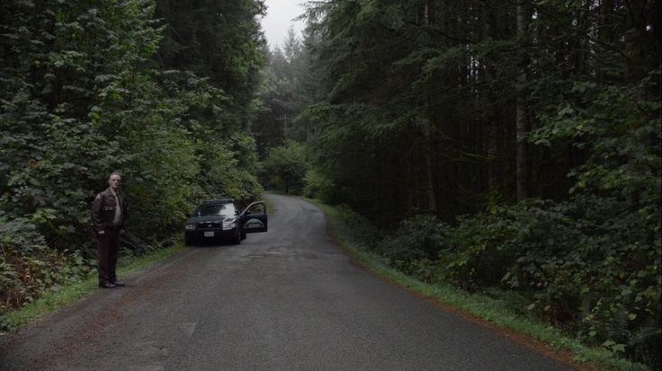 a man standing next to a car on the side of a road in the woods