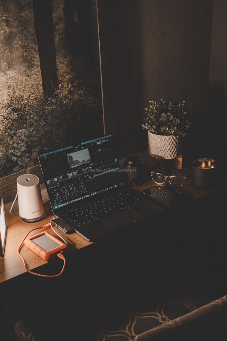 an open laptop computer sitting on top of a wooden desk next to a lamp and potted plant