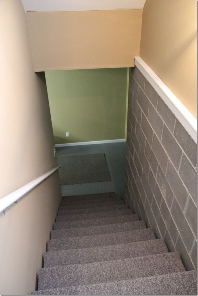 the stairs lead up to an empty room with carpeted flooring and green walls