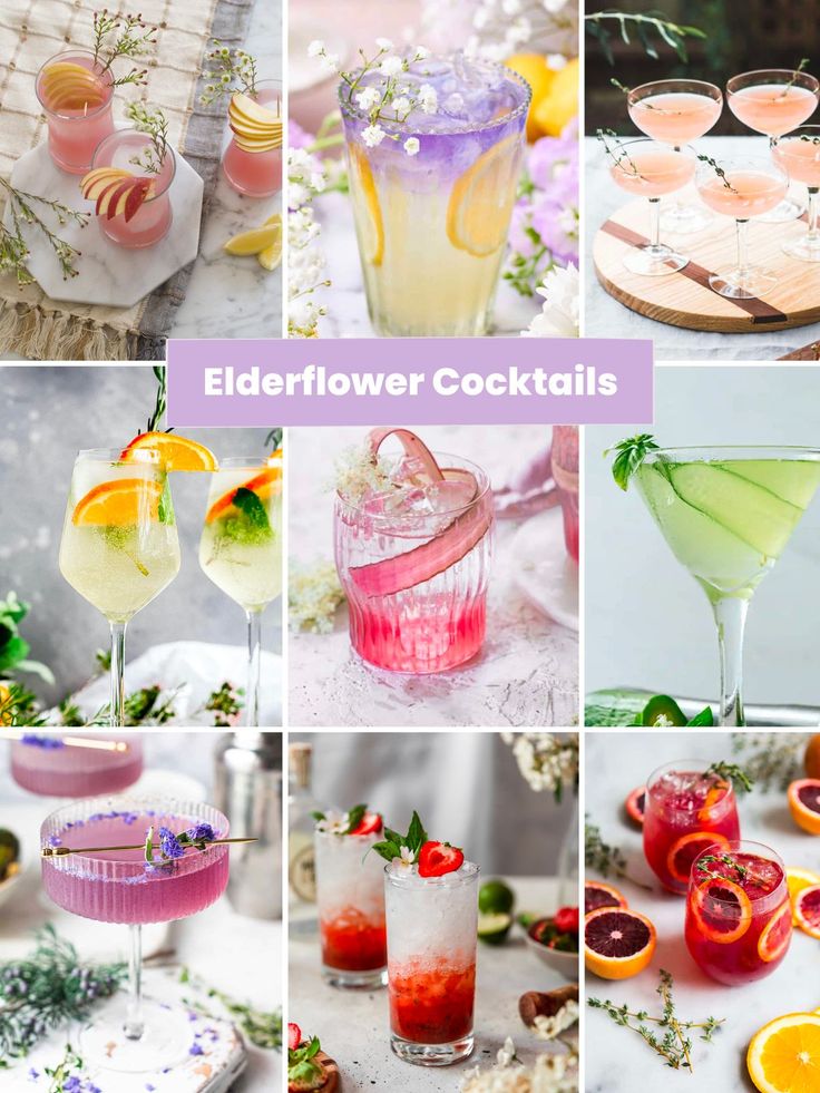 the collage shows different types of cocktails and drinks with flowers on them, including lemonade, watermelon, elderflower, cucumber