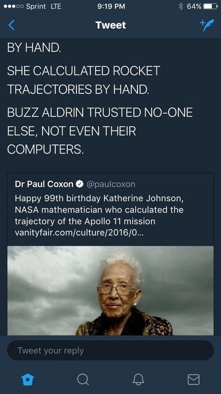 an old man with glasses on his face and text that reads, she calculated rocket traetories by hand buzz aldrin trusted no - no - one else, not even their computers