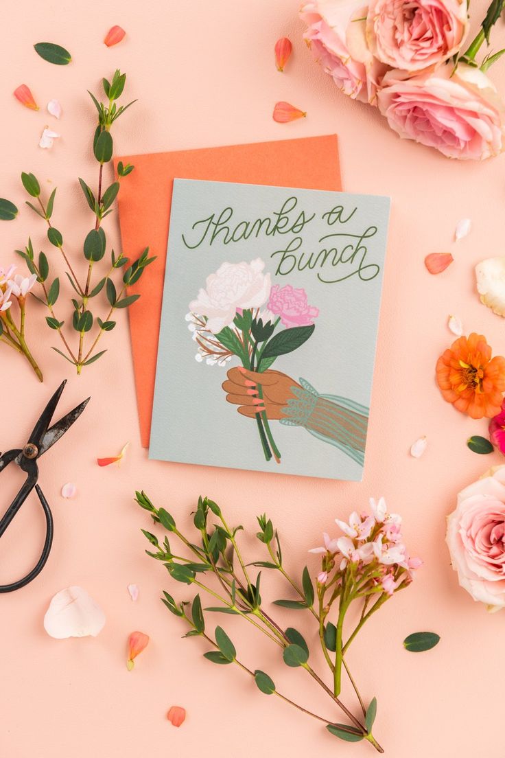 a thank you bunch card surrounded by flowers and scissors on a pink background with confetti