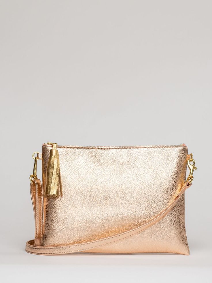 Beau & Ro Clutch + Crossbody Rose Gold Metallic / One Size The Sconset Clutch + Crossbody Bag | Rose Gold Metallic Leather Bag With Dust Bag Included, Elegant Metallic Soft Leather Bags, Chic Rose Gold Clutch Bag, Gold Textured Leather Crossbody Bag, Rose Gold Bags For Everyday Use, Elegant Everyday Metallic Leather Bag, Luxury Metallic Bag With Adjustable Strap, Gold Textured Leather Clutch Bag, Gold Soft Leather Party Bag