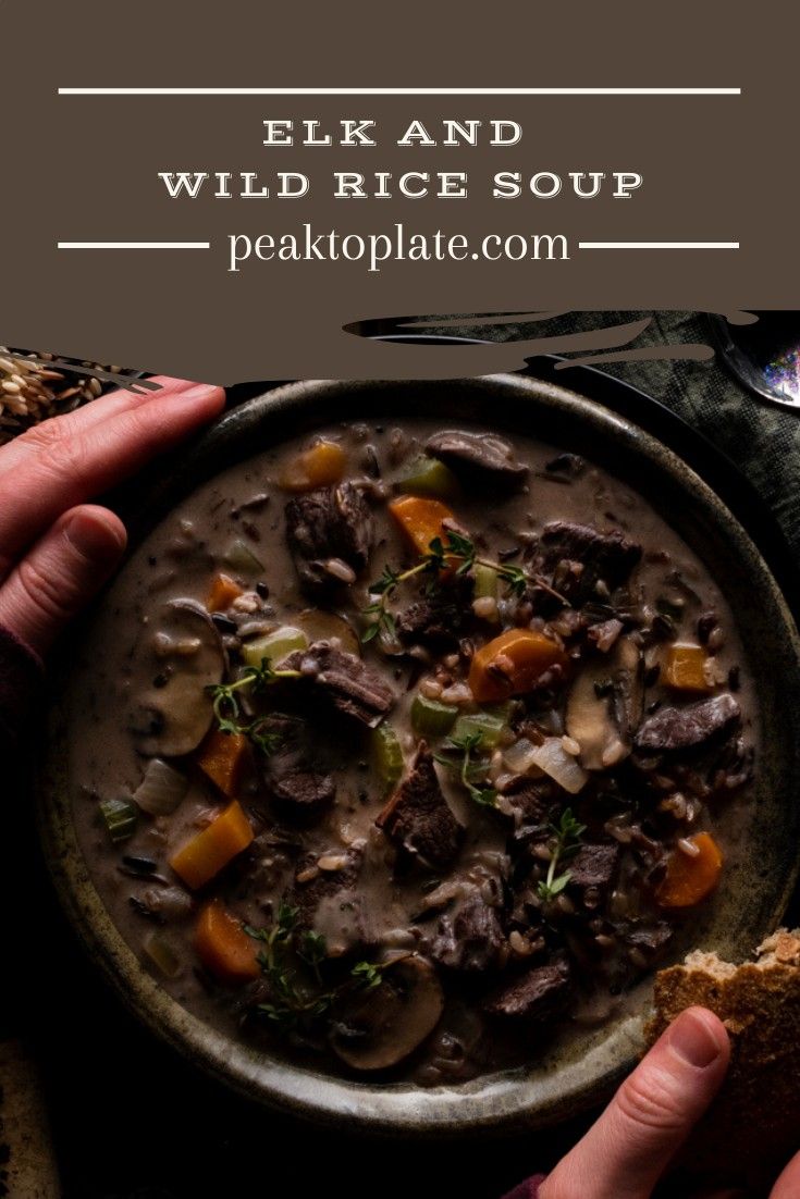 Hands holding bowl of elk and wild rice soup. Elk Dinner Ideas, Deer Camp Recipes, Elk Soup Recipes, Elk Stew Meat Recipes, Elk Stew Recipes, Elk Stew, Homestead Meals, Indigenous Recipes, Elk Meat Recipes