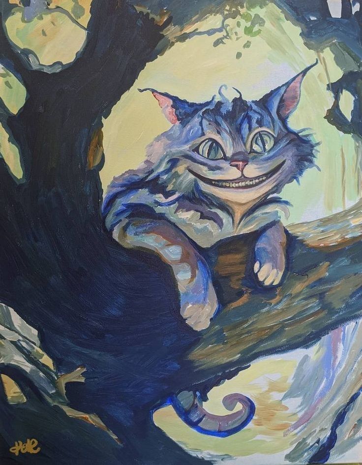 a painting of a cat sitting on top of a tree branch with its mouth open