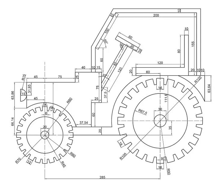 a drawing of a tractor with gears on it's front and rear wheels in the center