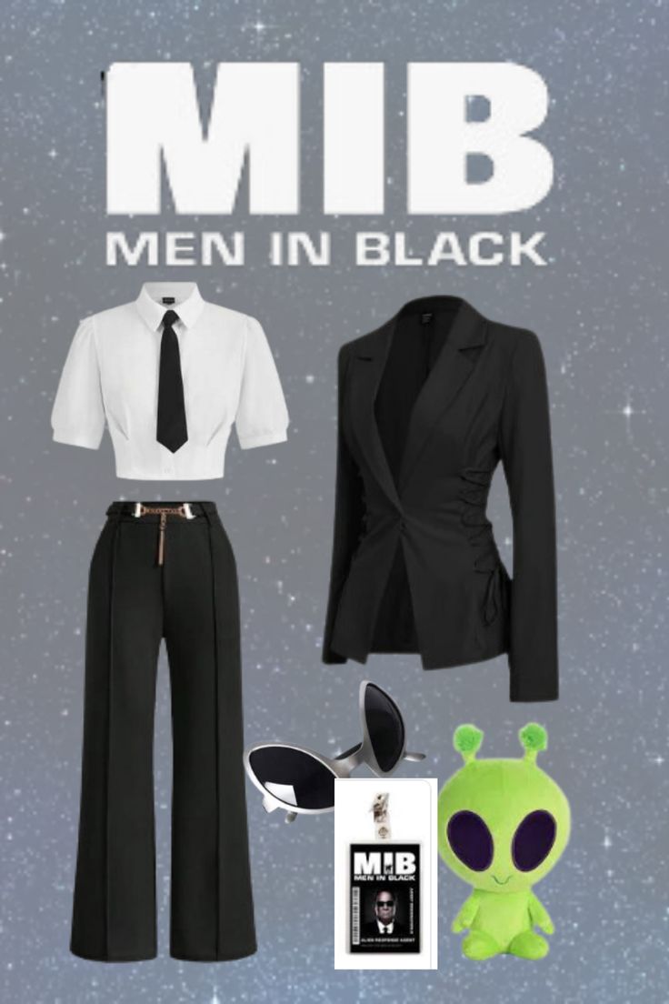 a man in black suit and tie standing next to an alien