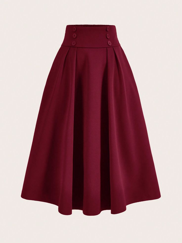 Women's High Waisted Button Decor Flared Skirt Burgundy Casual   Knitted Fabric Plain Flared Slight Stretch  Women Clothing, size features are:Bust: ,Length: ,Sleeve Length: 1940s Skirt Pattern, 1950s Fashion Women, 50s Skirt, Burgundy Skirt, Button Decor, Casual Party Dresses, Women Skirts, Long Sleeve Tops Casual, Red Skirts