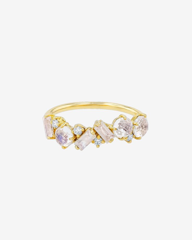 Kalan By Suzanne Kalan Amalfi Blend Rainbow Moonstone Half Band in 14k yellow gold Diamond Top, Baguette Cut, Color Swatches, Moon Stone, White Diamonds, Rainbow Moonstone, Amalfi, Diamond White, Rose Gold Ring