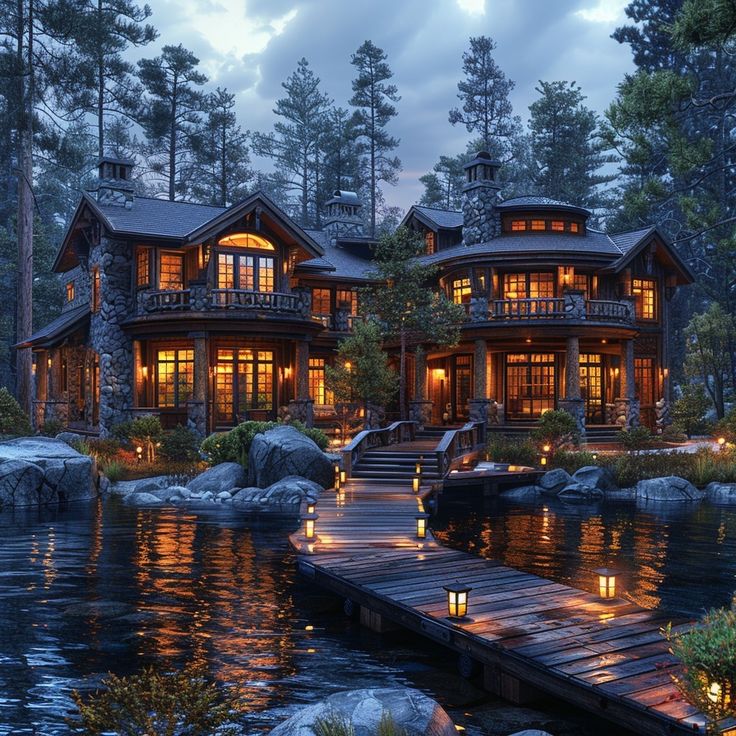 a large house sitting on top of a lake next to a wooden dock covered in lights