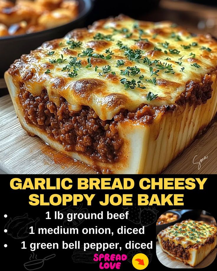 Garlic Bread Cheesy Sloppy Joe Bake Sloppy Joe Bake, Garlic Bread Sloppy Joes, Cheesy Sloppy Joes, Beef Tips And Noodles, Sloppy Joe Casserole, Mexican Casserole Recipe, Chicken Parmesan Pasta, Chicken Pasta Bake, Bbq Bacon