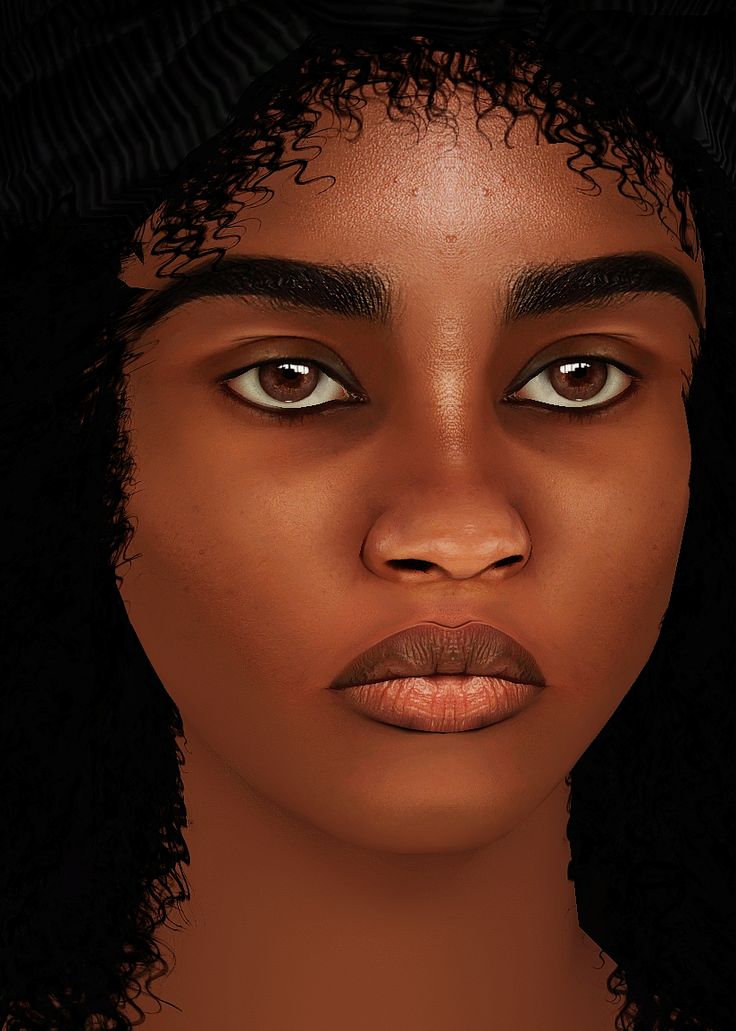 a digital painting of a woman's face with dark hair and big brown eyes