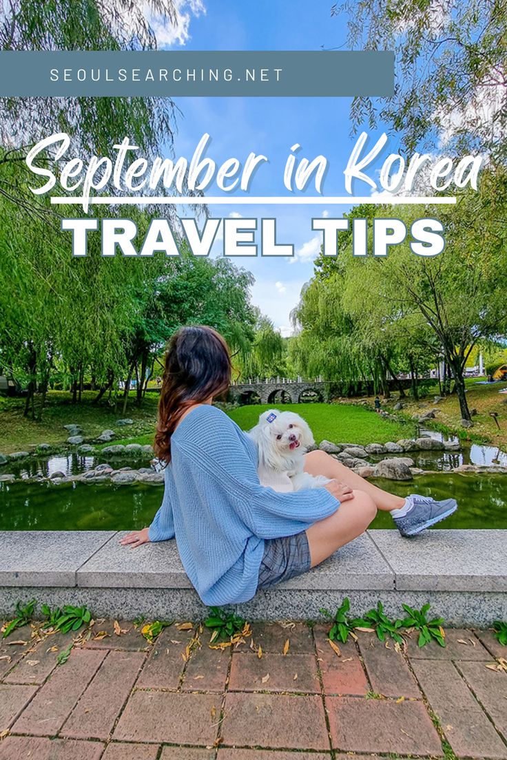 a woman sitting on the ground with her dog and text overlay reads, september in korea travel tips