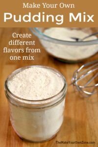 a wooden table topped with two bowls filled with pudding mix and the words how to make your own puddinging mix