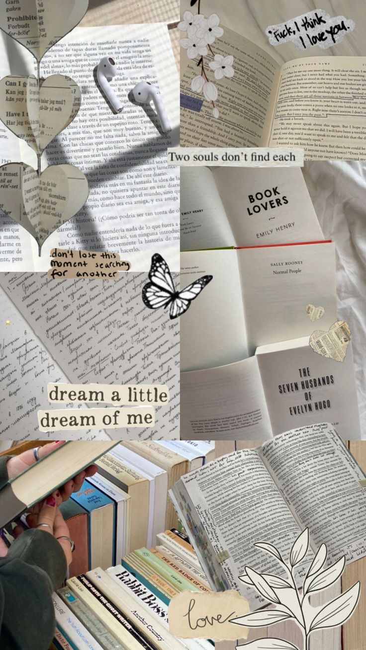 collage of books with paper hearts and flowers