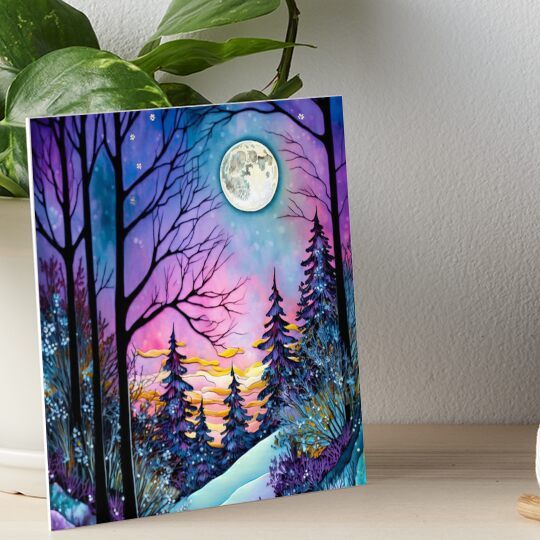 a painting of a night scene with trees and the moon in the sky art board print