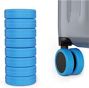 a stack of blue plastic tires next to a trash can and rollers on wheels