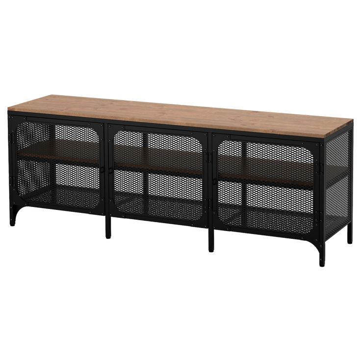 the sideboard is made from metal and wood, with mesh panels on each side