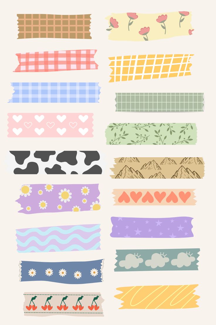 a bunch of different types of washi tapes on a white background with hearts and flowers