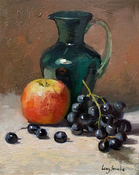 a painting of grapes and an apple next to a green vase