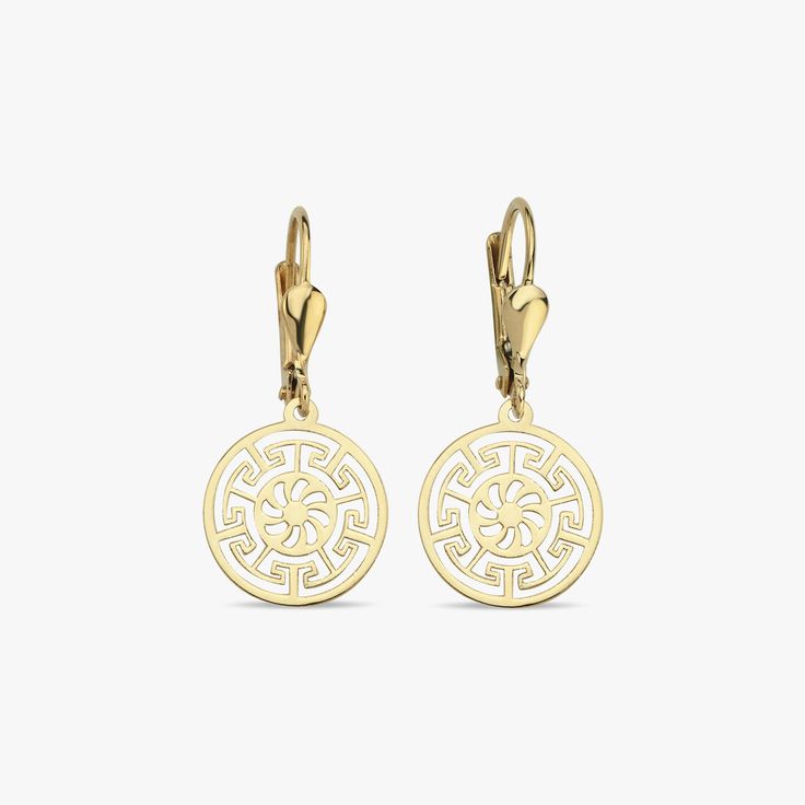 Unveil timeless elegance with our Greek Key Leverback Earrings, meticulously crafted in lustrous 14k solid gold. Inspired by the classic Greek Key design, these earrings symbolize infinity and unity, making them a perfect addition to your jewelry collection. PRODUCT DETAILS: Greek Key Pattern Shape size: 13 mm Material: 14K Solid Gold Inner diameter: 10 mm. Location: Earlobe Shutdown: Leverback Luxury Gold Symbolic Earrings, Greek Key Necklace, Ancient Greek Earrings, Greek Key Jewelry Gold, Yellow Gold Filigree Byzantine Earrings, Greek Key Pattern, Leverback Earrings, Key Design, Greek Key