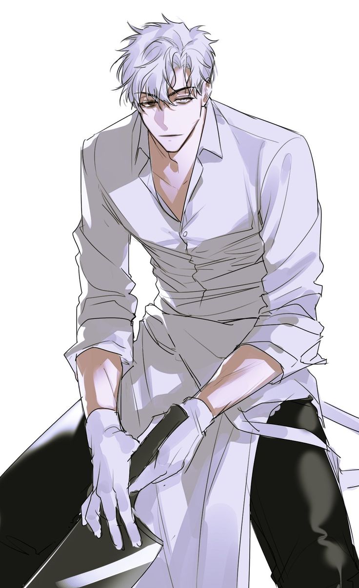 an anime character with white hair and glasses sitting on the ground, wearing black pants