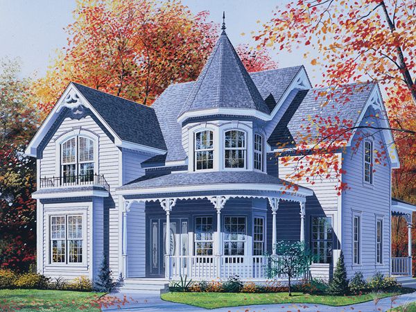 this is an artist's rendering of a victorian style house with blue siding and white trim