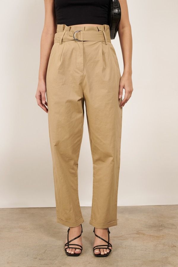 You'Re A Boss In The Laura Paperbag Khaki Waist Pants. Upgrade Your 9-5 Look With These Belted Cropped Pants, Featuring Slight Pleating, Utilitarian Look, And Relaxed Feel. These Straight Leg Trousers Will Look Perfect With A Cami Bodysuit Or Button Up Blouse. Relaxed Fit Paperbag Waist Workwear Pants, Relaxed Fit Paperbag Waist Pants For Work, Relaxed Fit Khaki Chinos With Belt Loops, Cotton Mom Fit Pants For Workwear, Workwear Paperbag Waist Bottoms With Elastic, Workwear Paperbag Waist Bottoms With Elastic Waistband, Workwear Mom Fit Pants With Pockets, Paperbag Waist Cargo Pants With Pockets For Workwear, Paperbag Waist Cargo Pants For Work