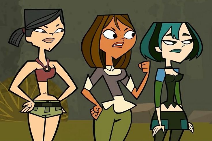 three cartoon characters standing next to each other in front of a dark background, one has her hand on her hip