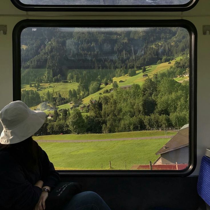 a person sitting on a train looking out the window at mountains and trees in the distance