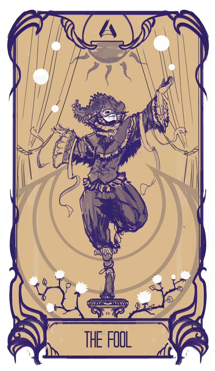 the fool tarot card is shown in purple