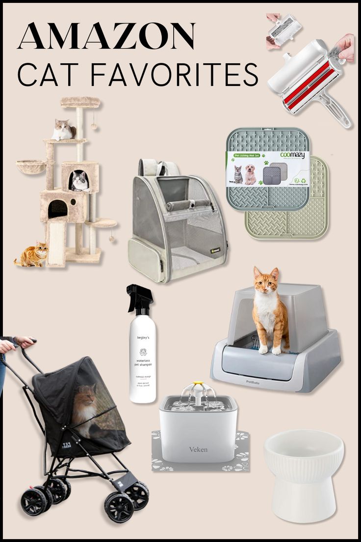 Cat products from amazon including litter box, chom chom, cat tree, back pack, water fountain, raised food bowl, stroller, and waterless shampoo. Cats Needs List, Cat Neccesities, Cool Cat Accessories, Cats Things Products, Cat Finds On Amazon, Cool Cat Gadgets, Best Cat Accessories, Everything You Need For A Cat, Cute Cat Accessories For Cats