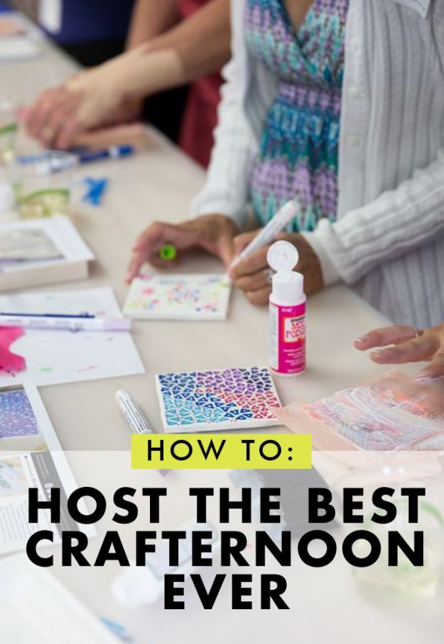 people sitting at a table with craft supplies on it and the words how to host the best crafternoon ever