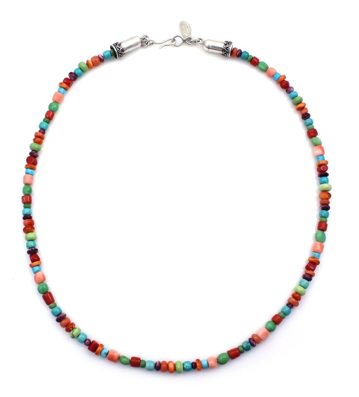 21" long Multi-Stone (turquoise, gaspeite, spiny oyster, sugilite) Multicolor Turquoise Necklace With Gemstone Beads In Southwestern Style, Multicolor Southwestern Turquoise Necklace With Gemstone Beads, Southwestern Multicolor Turquoise Necklace With Gemstone Beads, Multicolor Gemstone Southwestern Necklace, Southwestern Multicolor Gemstone Necklace, Southwestern Style Multicolor Gemstone Necklace, Southwestern Multicolor Multi-stone Necklace, Southwestern Multicolor Single Strand Beaded Necklaces, Artisan Turquoise Necklace With Polished Multicolor Beads