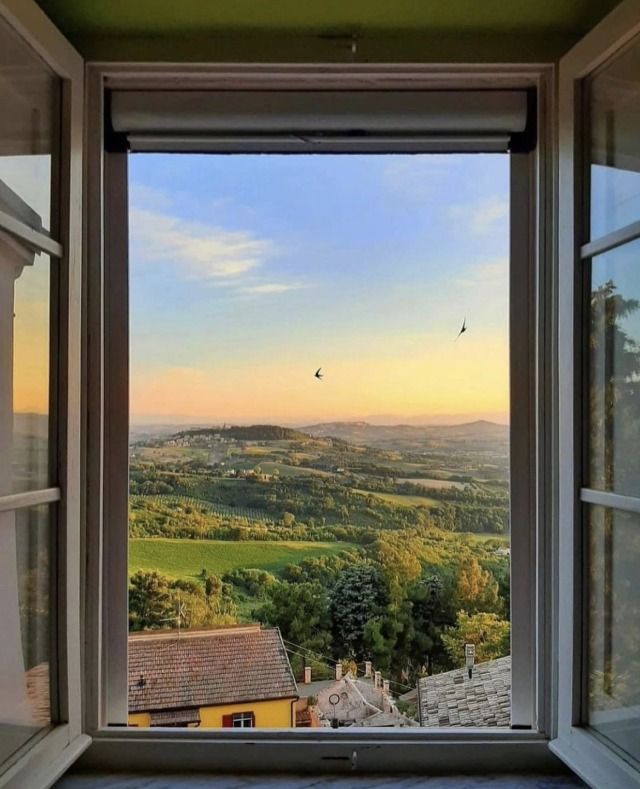 an open window looking out onto the countryside and hills in the distance with birds flying overhead