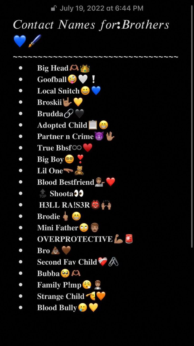 a black background with different emoticions on it and the text contact names for brothers