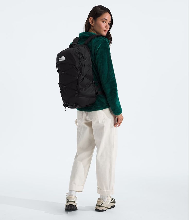 the north face women's jester backpack in black and green, back view