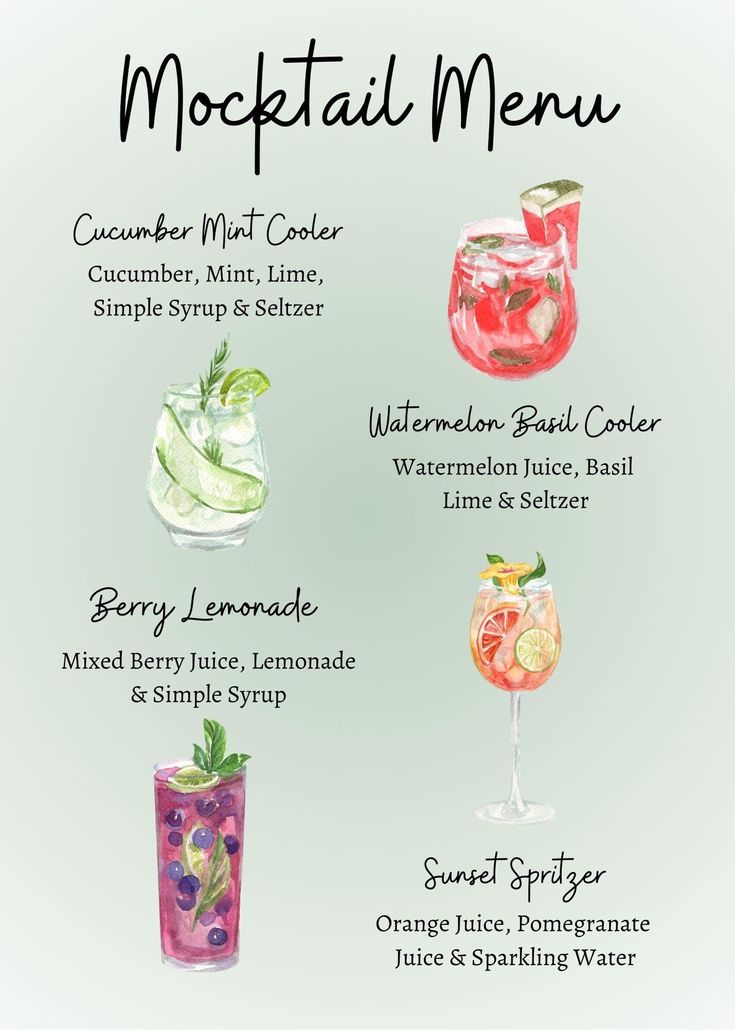 the cocktail menu is filled with different types of drinks, including watermelon, basil and lemonade