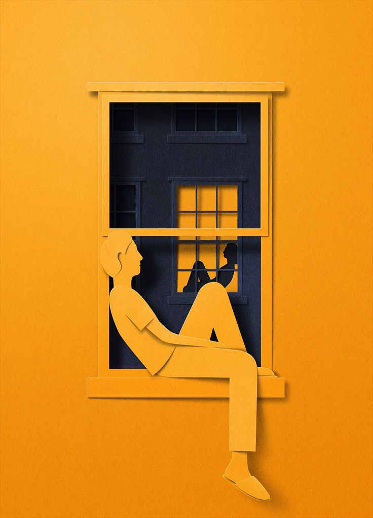 a paper cut out of a man sitting on a window sill looking out the window