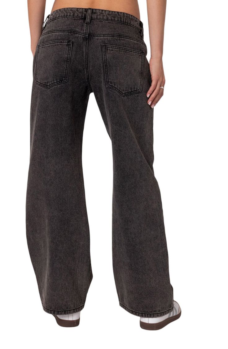 Low-slung jeans are crafted with puddling hems from nonstretch denim and turned to a faded dark wash. Zip fly with button closure Five-pocket style 100% cotton Machine wash, dry flat Imported Dark Wash Stonewashed Bottoms For Spring, Spring Dark Wash Stonewashed Bottoms, Spring Stonewashed Dark Wash Bottoms, Stonewashed Straight Leg Bottoms For Fall, Faded Stonewashed Bottoms For Fall, Fall Stonewashed Straight Leg Bottoms, Fall Medium Wash Stonewashed Bottoms, Washed Black Cotton Flare Jeans, Edgy Washed Black Jeans