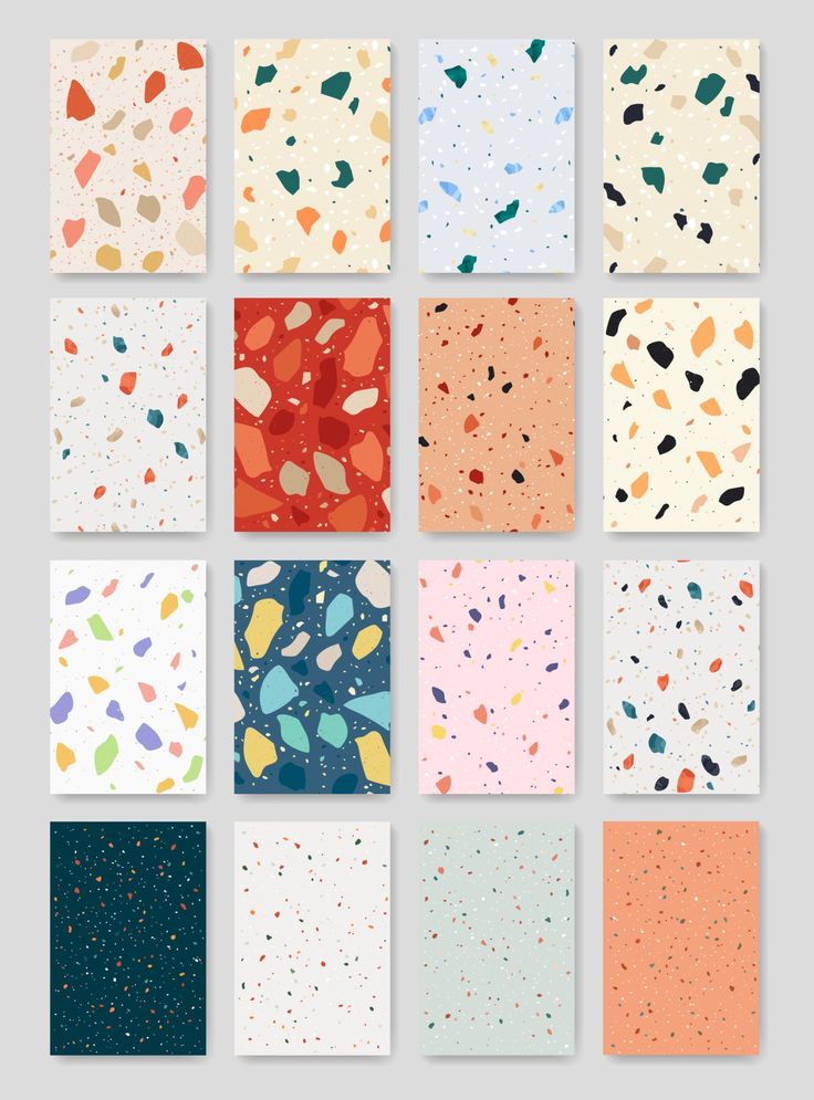 six different colored squares with dots and spots on them, all in different colors or shapes