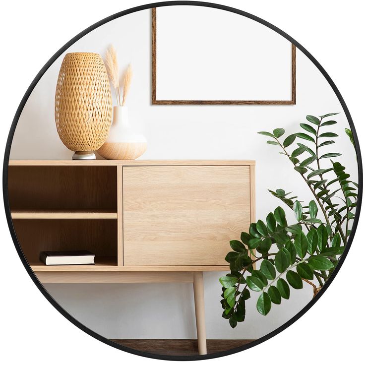 a wooden cabinet sitting next to a potted plant on top of a table in front of a mirror