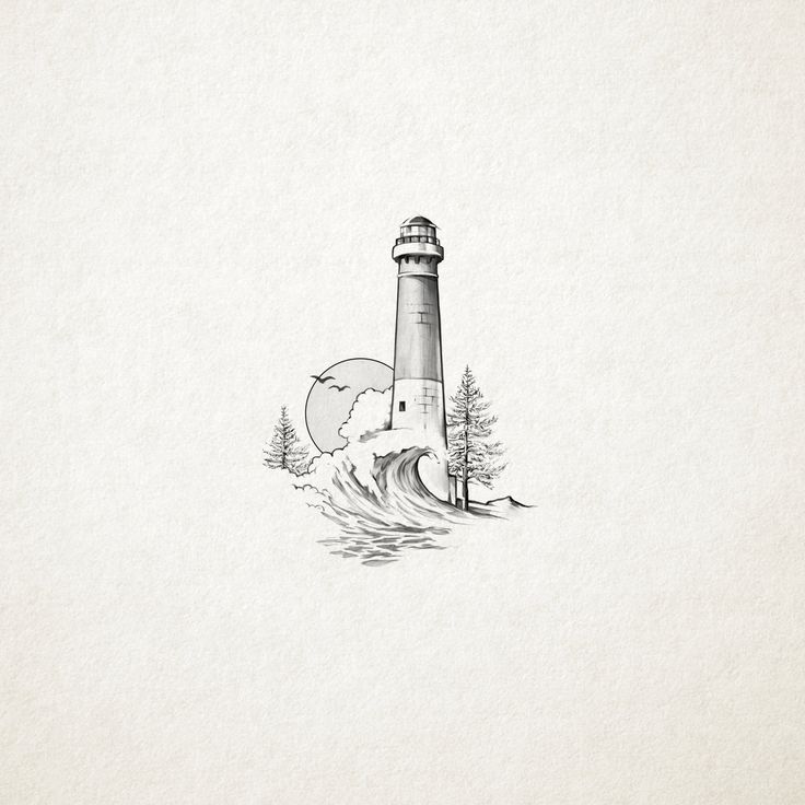 a drawing of a lighthouse on top of a wave in the ocean with pine trees around it