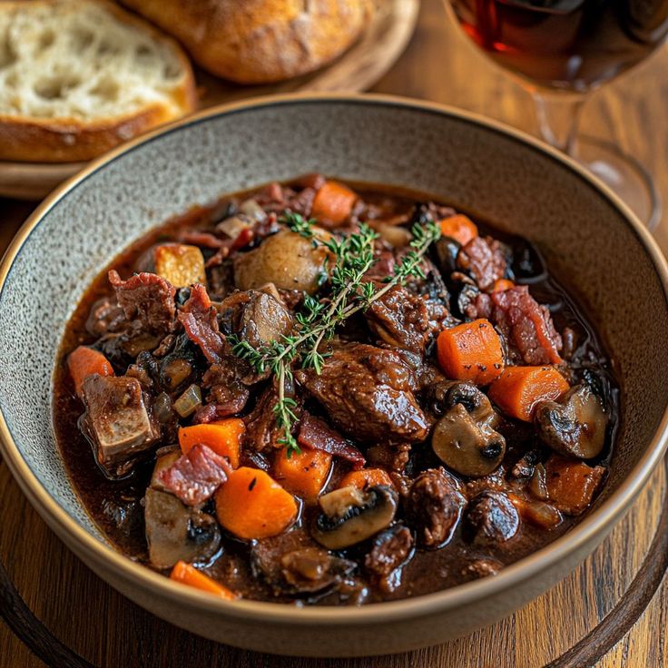 a bowl of beef stew with carrots, potatoes and bread on the side next to a glass of wine