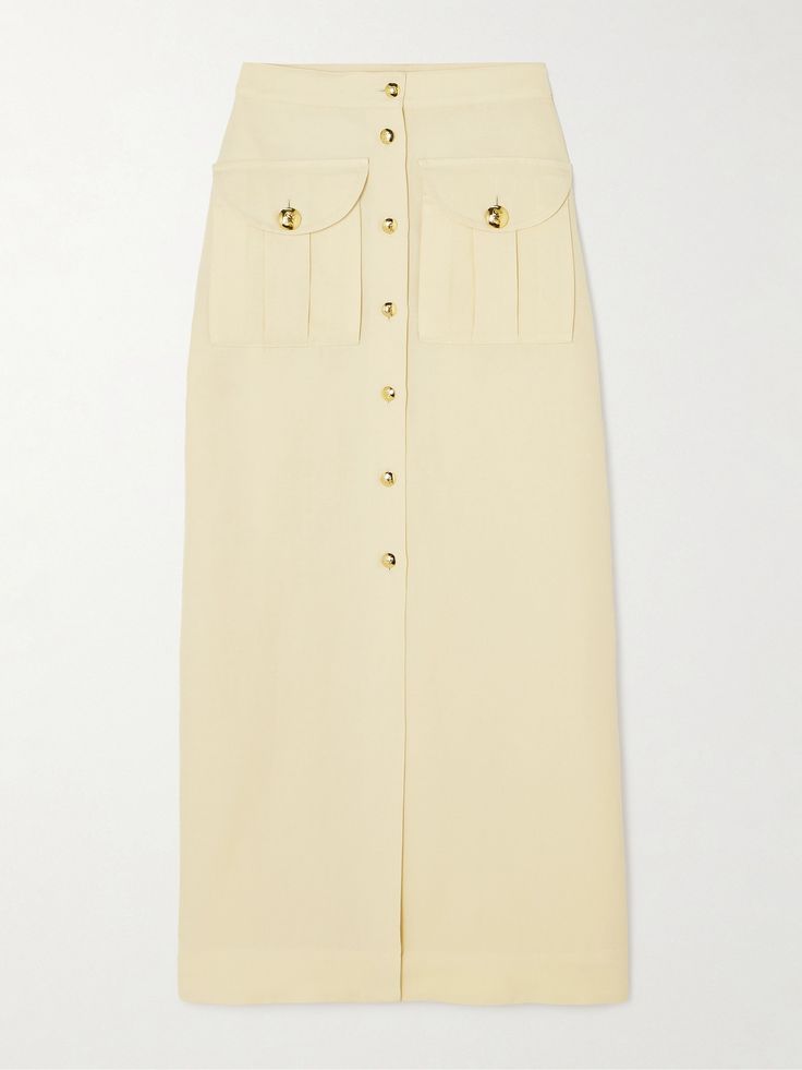 Blazé Milano's 'Appaloosa' skirt is defined by polished gold buttons and cargo-inspired pockets - complete with the signature 'Smiley' detail, of course. It's made from linen and silk-blend twill and has a simple A-line silhouette. Jean Trench Coat, Clothing Templates, Twill Skirt, Cream Skirt, Basic Skirt, Casual White Dress, Stylish Skirts, Beautiful Skirts, Fashion Design Clothes