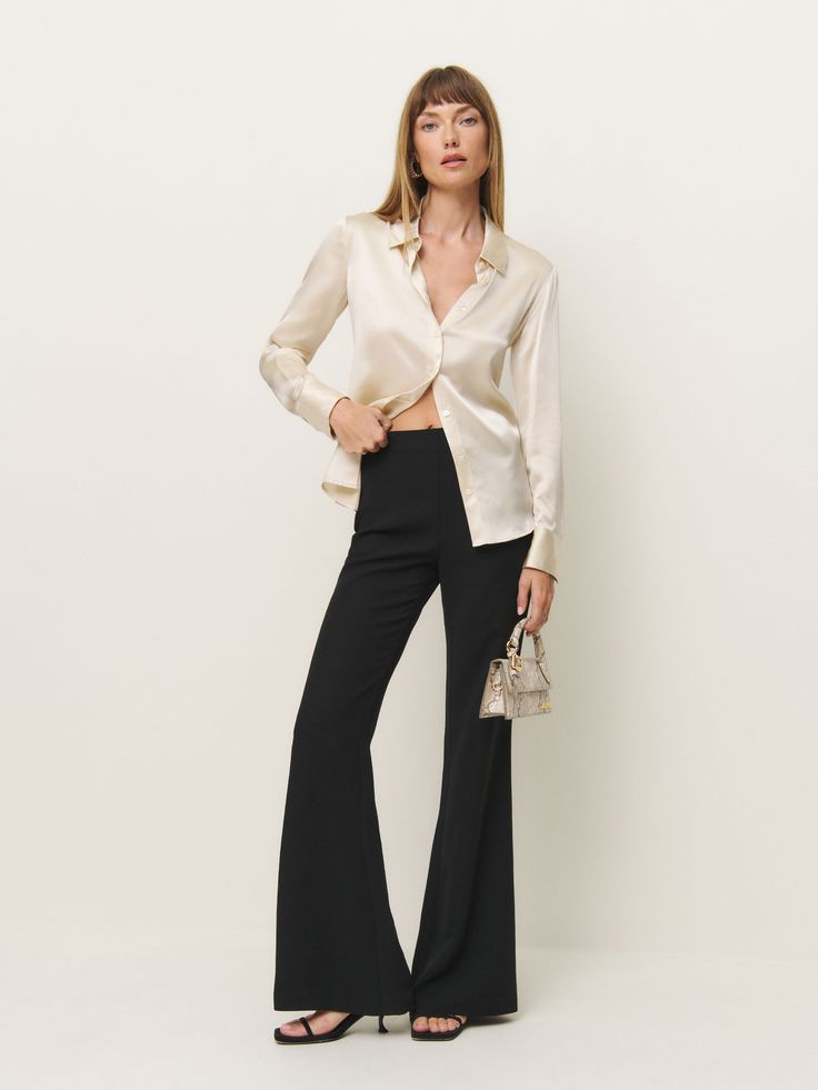 Wear the pants. Shop the Cameron Pant from Reformation, a high-rise pant with a flared leg. Elegant Straight Leg Formal Flares, Elegant Flares For Night Out, Elegant Flare Bottoms For Workwear, Sleek Flare Pants For Fall, Elegant Straight Leg Flares For Workwear, Elegant Tailored Flare Bottoms, Elegant Flare Dress Pants For Office, Elegant Flare Dress Pants For Business Casual, Sleek Tailored Flare Pants