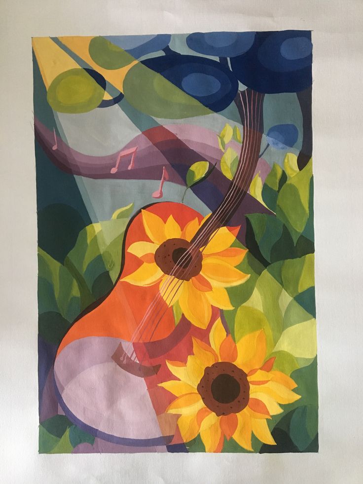 a painting with sunflowers and an acoustic guitar on it's back side