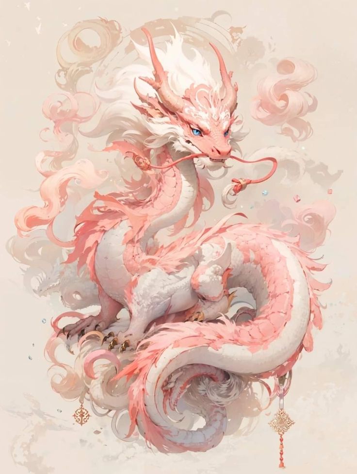 a pink and white dragon sitting on top of a cloud filled sky next to water